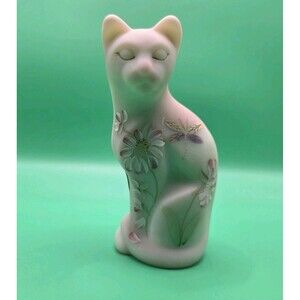 Fenton Art Burmese Glass Cat Painted Flowers & Dragonfly Signed Ltd. Edition